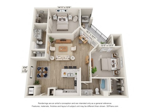 Floor plan for 2 beds, 2 baths, 1300 sqft